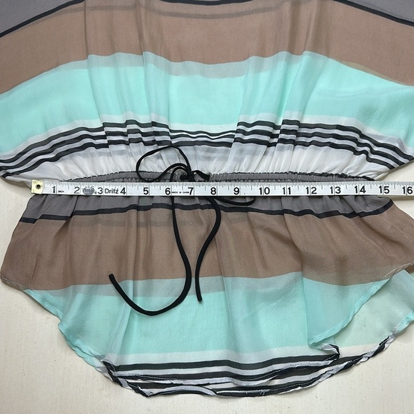 Karen Kane 100% Silk Mint Khaki Black Multi Striped Tie Waist Kimono Top Size M - Picture 9 of 11